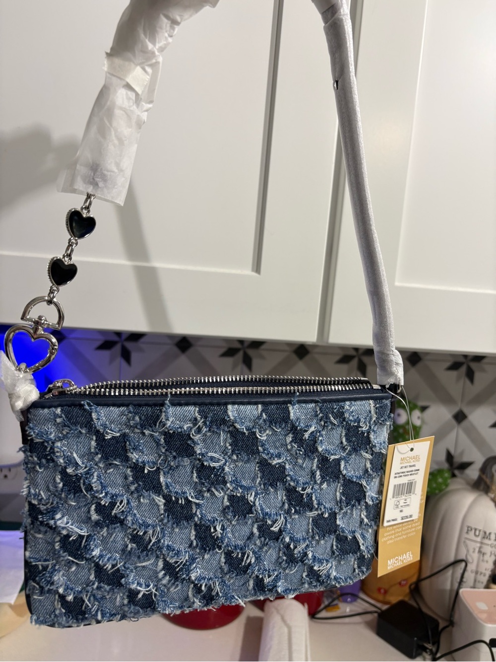 Michael Kors Distressed Denim Blue Crossbody with Heart Chain